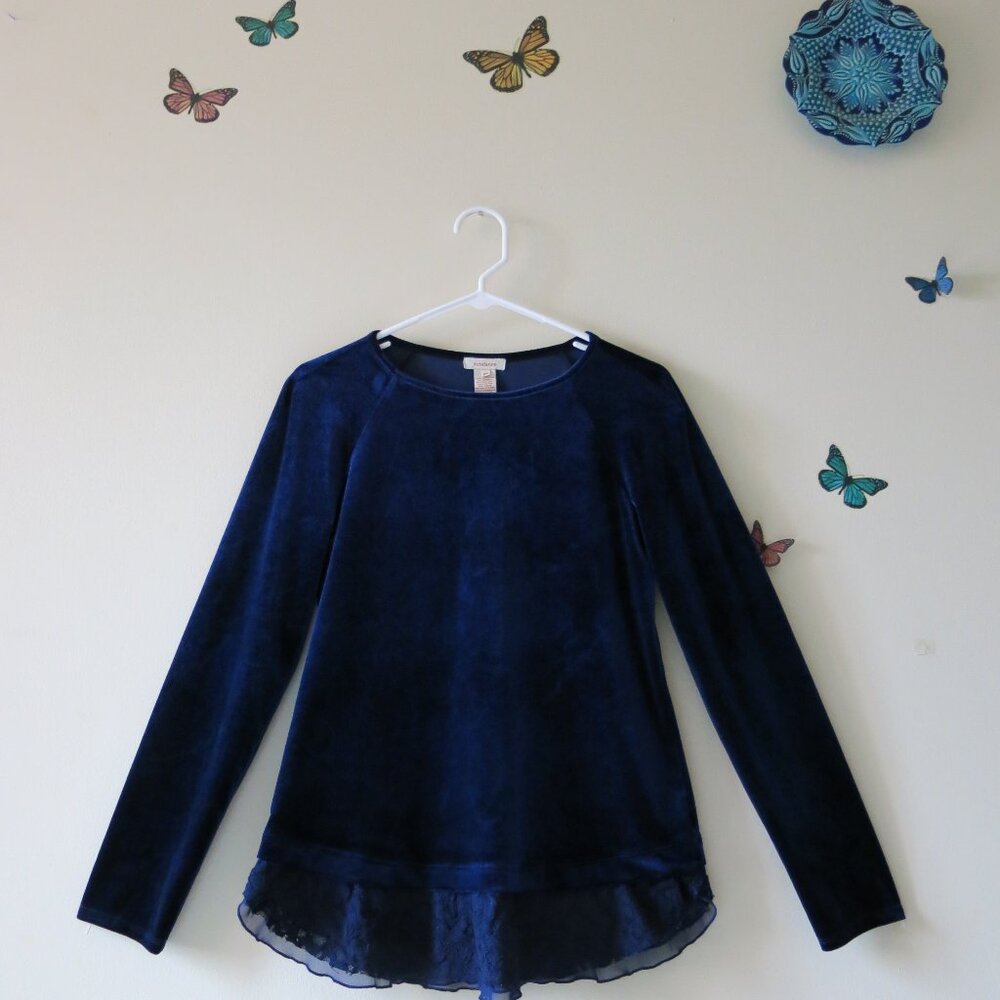 Sundance Blue Sapphire Velvet Ruffles Lace Romantic Bohemian Blouse Size XS